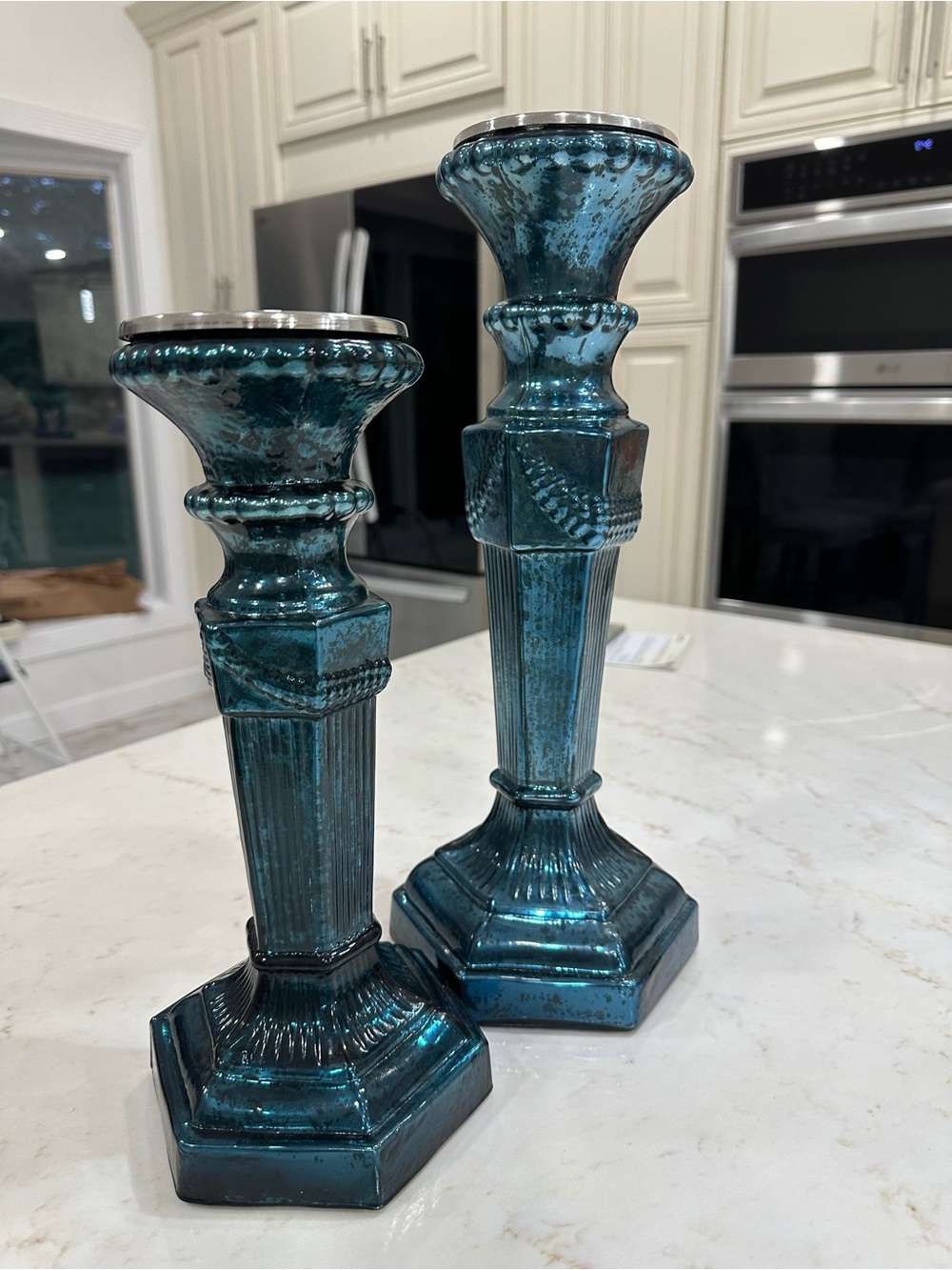 Anthropologie Teal Blue Mercury Glass Candlestick Pair